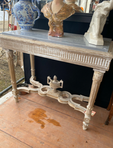 Carved Whitewashed Console Grey Marble 41x20x33