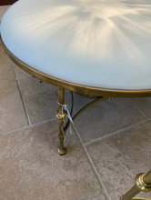 Load image into Gallery viewer, Brass &amp; White Upholstered Ottoman