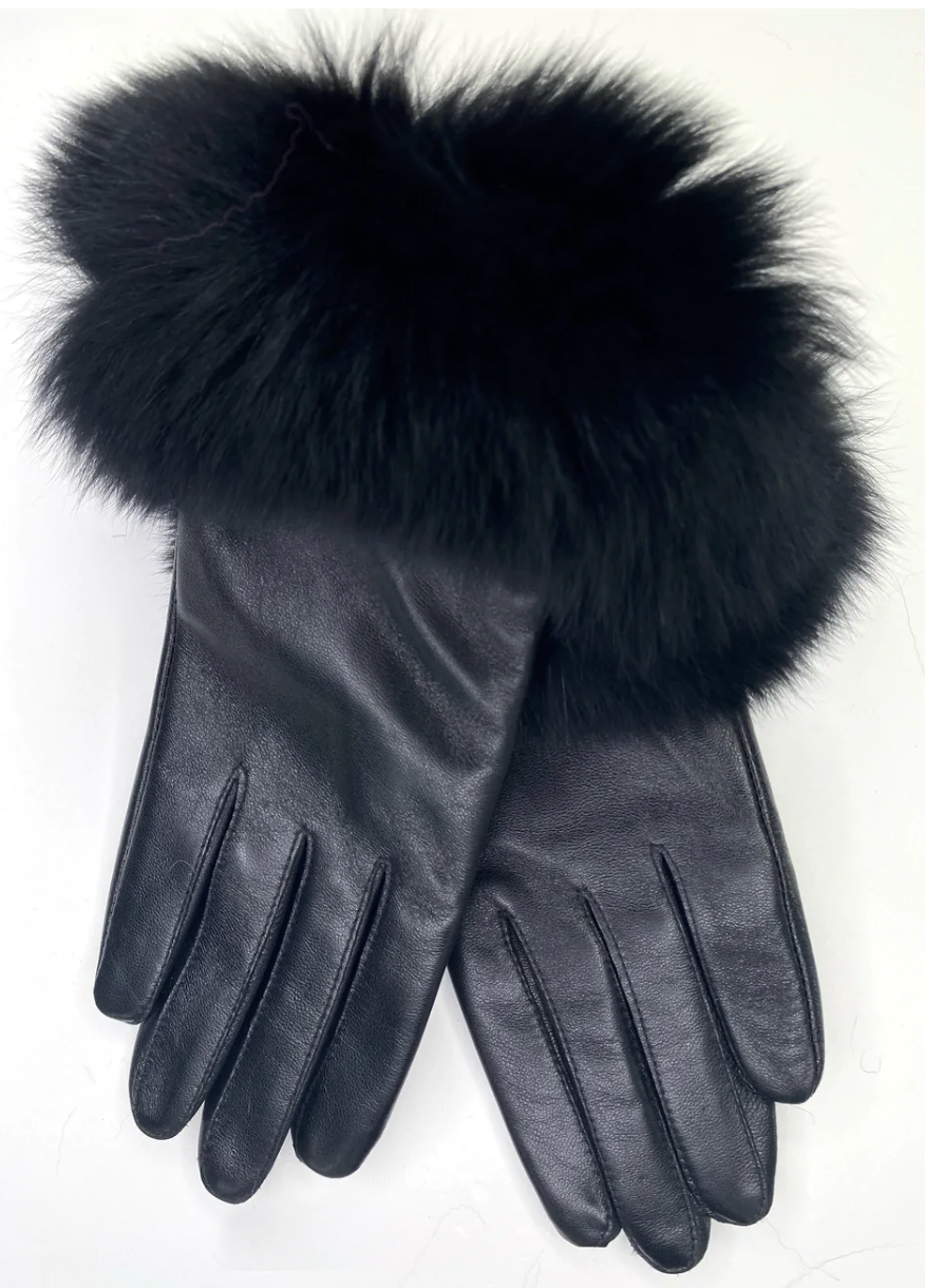 Black Leather Glove with Black Fox size M