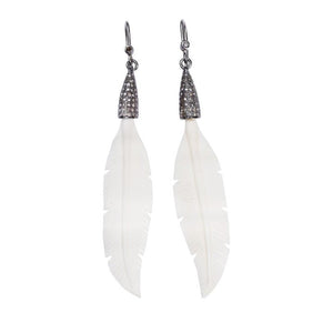 White Bone Feather Earrings with Pave Caps