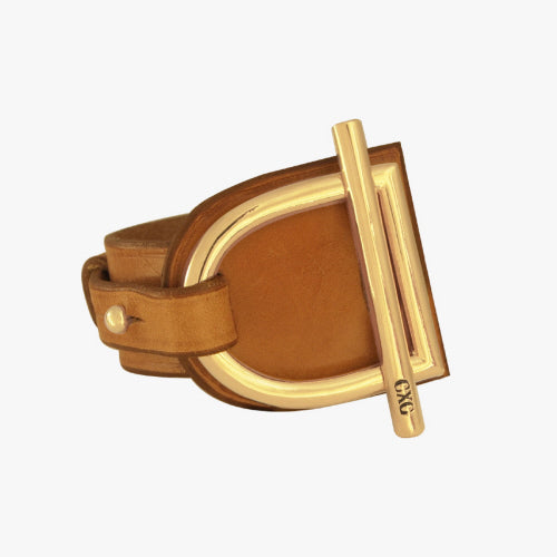 Gold Stirrup on Leather Bracelet