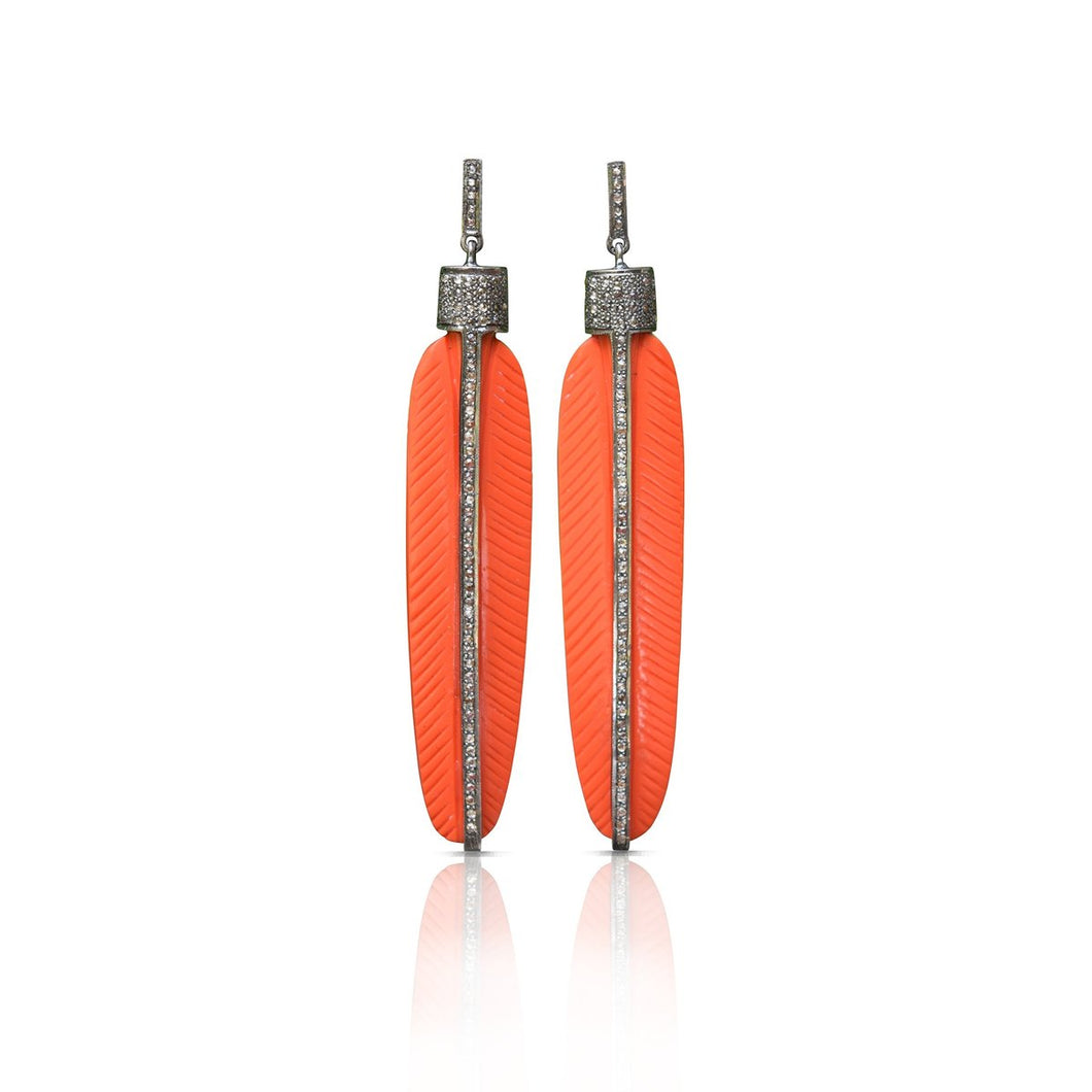 Carved Coral Feather Earrings