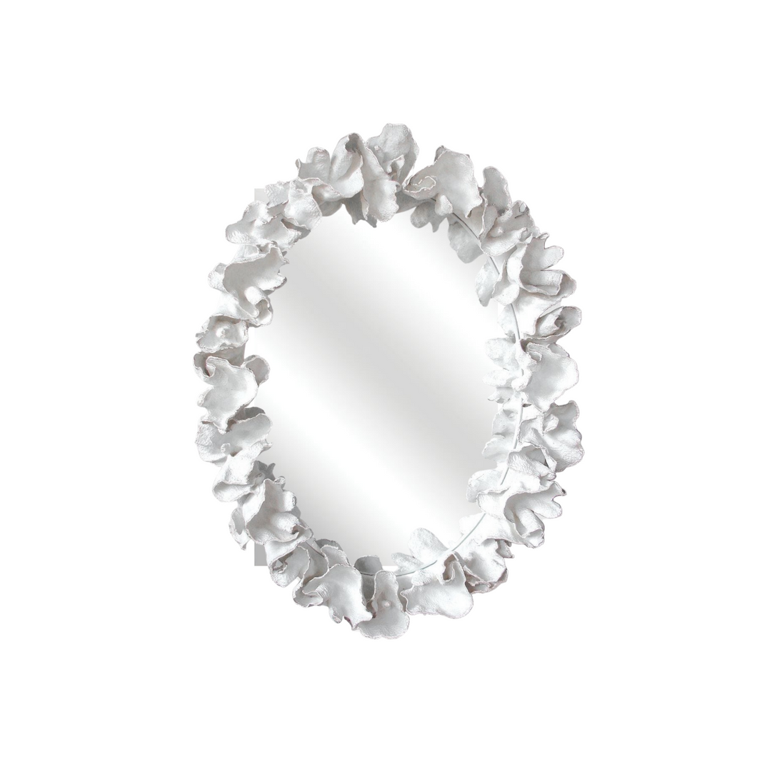 white plaster oval mirror in coral motif