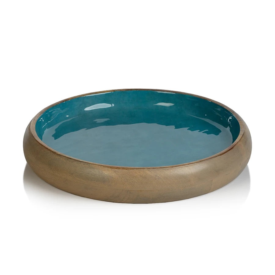 Mango Wood Round Platter - Aqua Blue